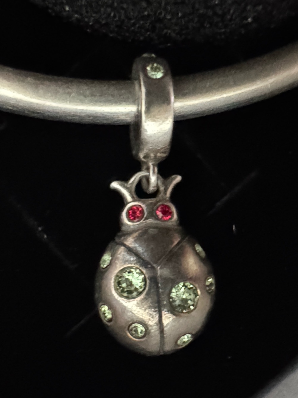 Silver Ladybug Charm Bangle with Green and Red Crystals - Pandora compatible